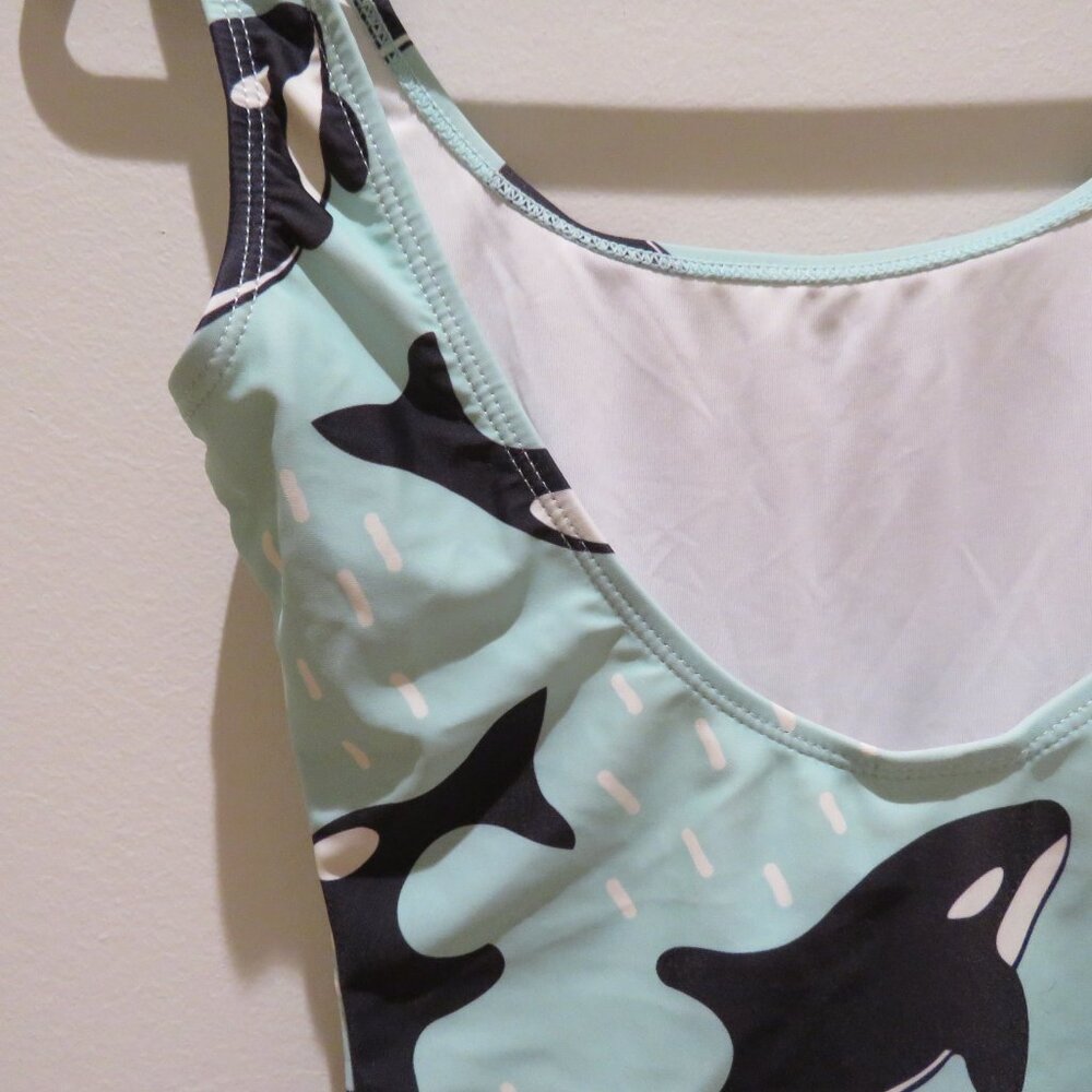 BATOKO Orca Print One Piece Swimsuit in Light Blue Whimsical Summer Stretch XS - Picture 10 of 13